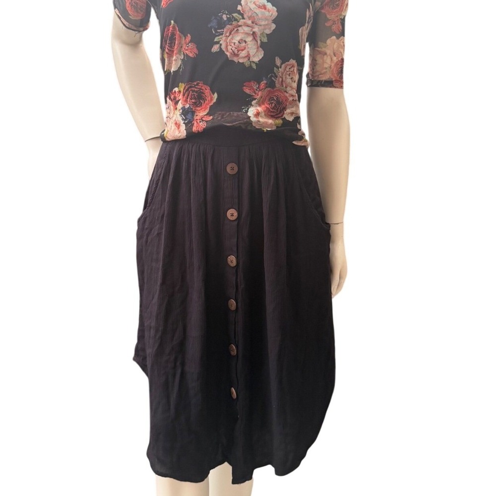 Rip Curl Button Front Midi Skirt Black Boho Coastal Grandmother Beach Gauze M